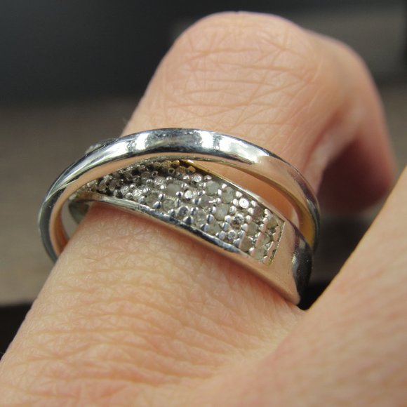 Size 6 Sterling Silver Cloudy Diamond Crossing Style Band Ring Vintage - Picture 6 of 10